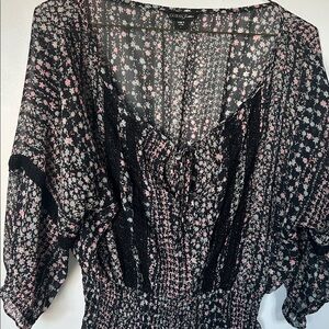 Guess Jeans Sheer Floral Boho Peasant Blouse | Black Lace Trim Top | Size Large